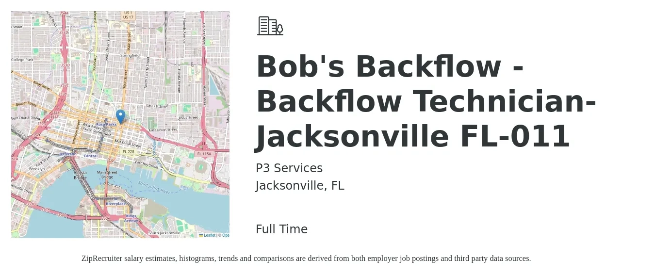 P3 Services job posting for a Bob's Backflow - Backflow Technician-Jacksonville FL-011 in Jacksonville, FL with a salary of $17 to $25 Hourly with a map of Jacksonville location.