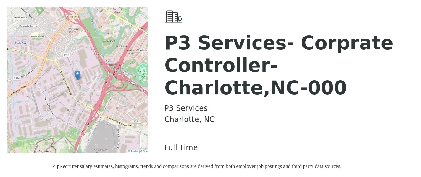 P3 Services job posting for a P3 Services- Corprate Controller-Charlotte,NC-000 in Charlotte, NC with a salary of $94,700 to $135,300 Yearly with a map of Charlotte location.