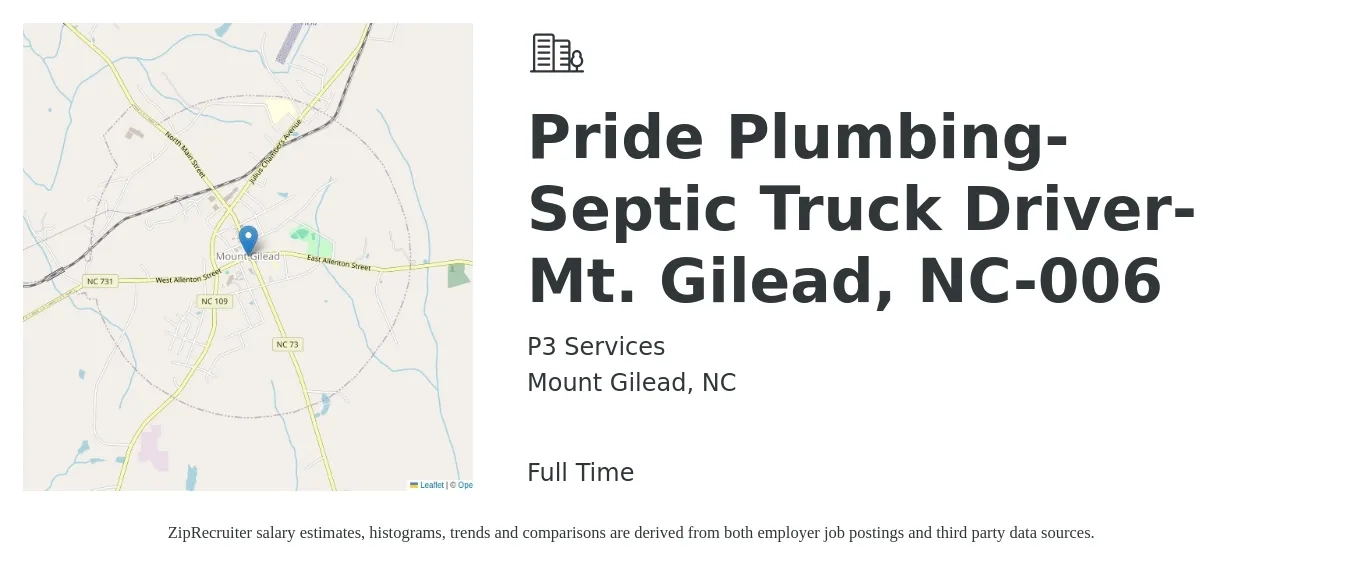 P3 Services job posting for a Pride Plumbing-Septic Truck Driver-Mt. Gilead, NC-006 in Mount Gilead, NC with a salary of $20 to $23 Hourly with a map of Mount Gilead location.