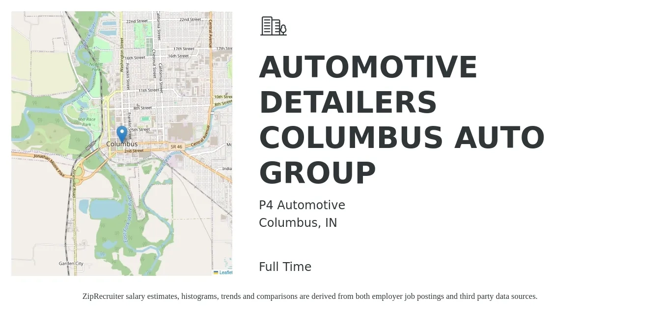P4 Automotive job posting for a AUTOMOTIVE DETAILERS COLUMBUS AUTO GROUP in Columbus, IN with a salary of $13 to $15 Hourly with a map of Columbus location.