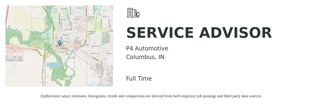 P4 Automotive job posting for a SERVICE ADVISOR in Columbus, IN with a salary of $18 to $29 Hourly with a map of Columbus location.