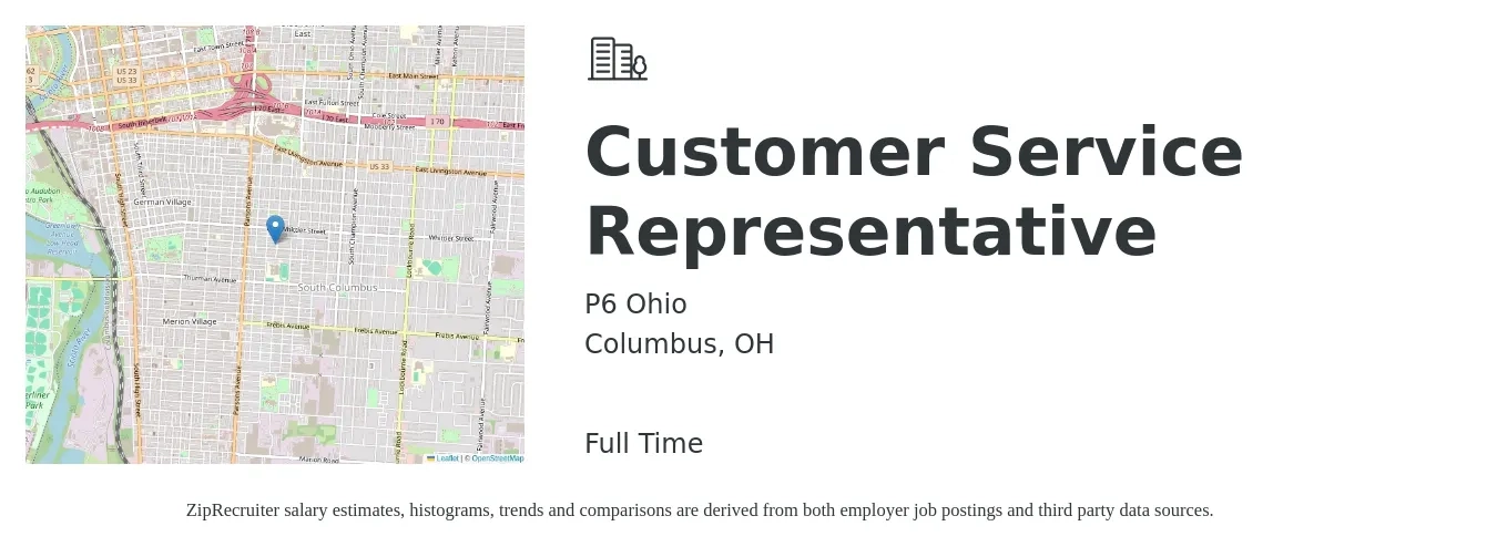 P6 Ohio job posting for a Customer Service Representative in Columbus, OH with a salary of $16 to $21 Hourly with a map of Columbus location.