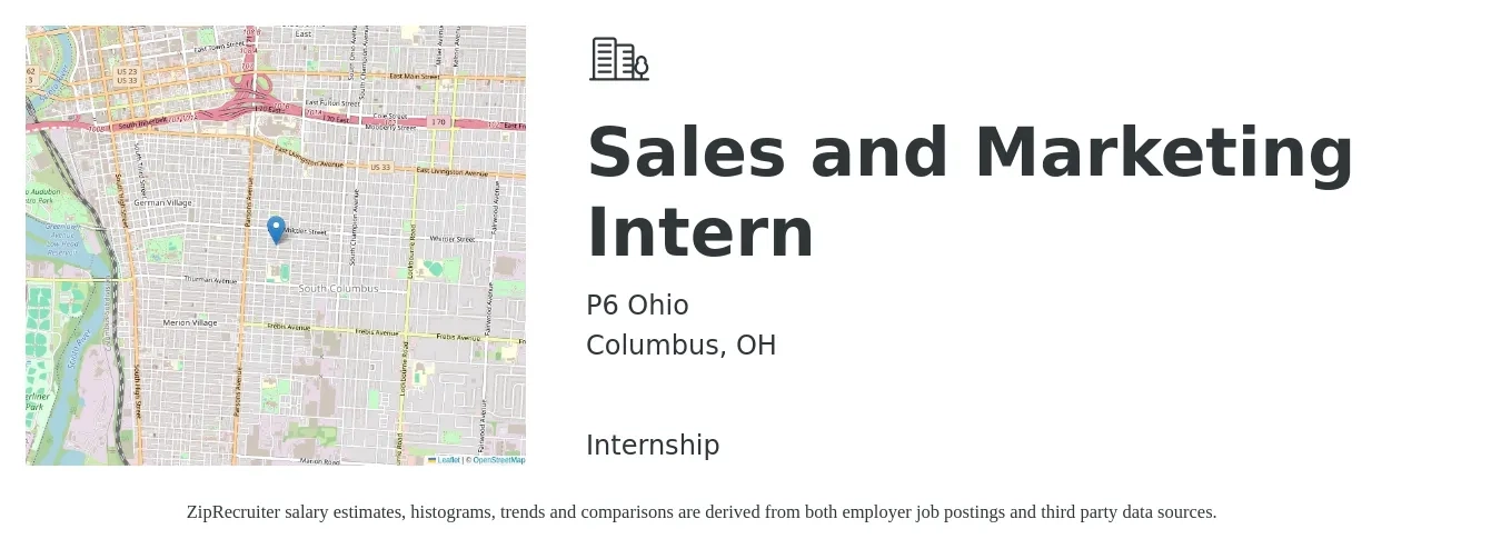 P6 Ohio job posting for a Sales and Marketing Intern in Columbus, OH with a salary of $14 to $21 Hourly with a map of Columbus location.