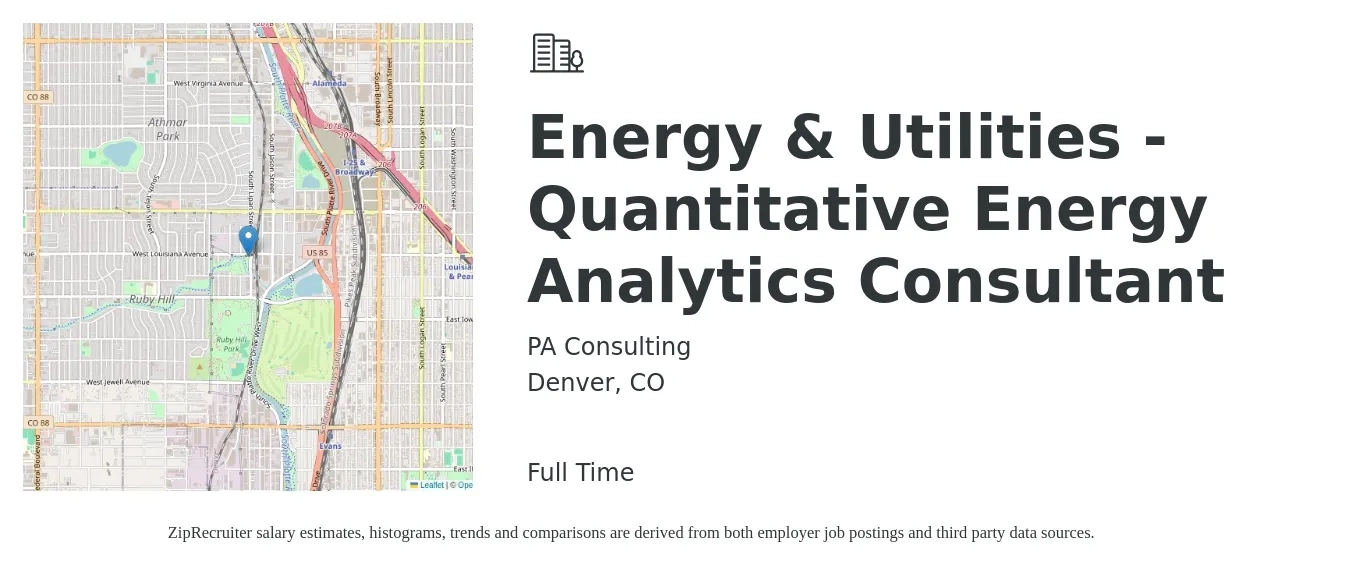 PA Consulting job posting for a Energy & Utilities - Quantitative Energy Analytics Consultant in Denver, CO with a map of Denver location.
