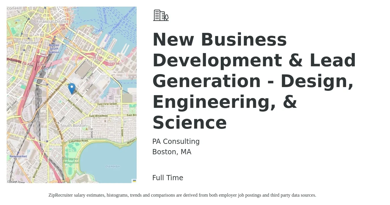 PA Consulting job posting for a New Business Development & Lead Generation - Design, Engineering, & Science in Boston, MA with a salary of $70,700 to $160,400 Yearly with a map of Boston location.