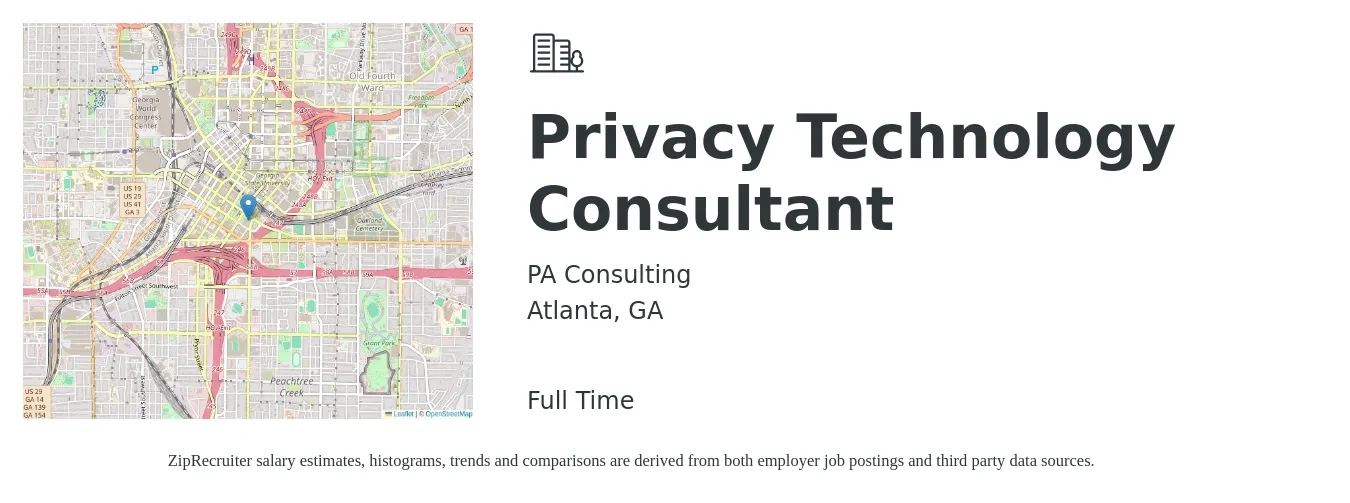 PA Consulting job posting for a Privacy Technology Consultant in Atlanta, GA with a salary of $33 to $72 Hourly with a map of Atlanta location.