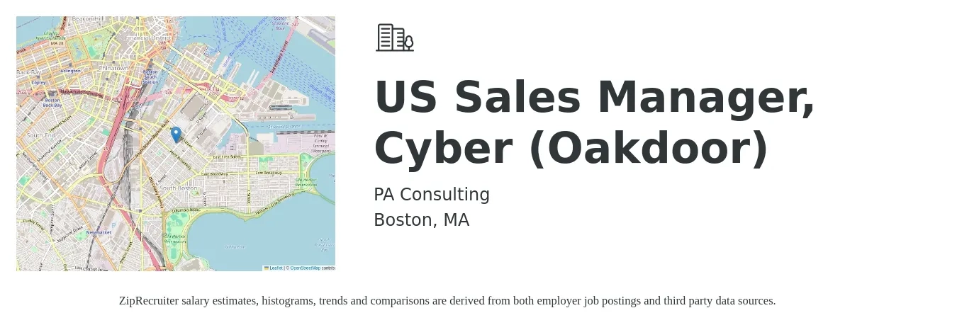 PA Consulting job posting for a US Sales Manager, Cyber (Oakdoor) in Boston, MA with a salary of $48,900 to $105,000 Yearly with a map of Boston location.
