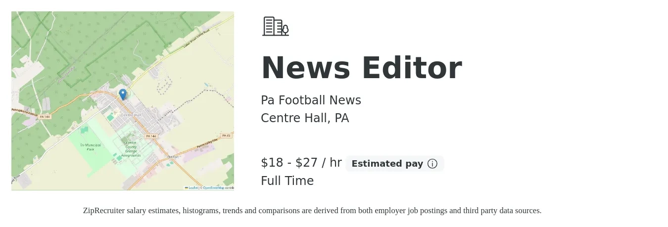 Pa Football News job posting for a News Editor in Centre Hall, PA with a salary of $19 to $29 Hourly with a map of Centre Hall location.