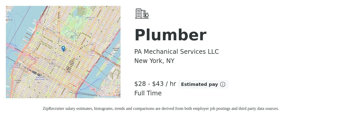 PA Mechanical Services LLC job posting for a Plumber in New York, NY with a salary of $30 to $45 Hourly with a map of New York location.
