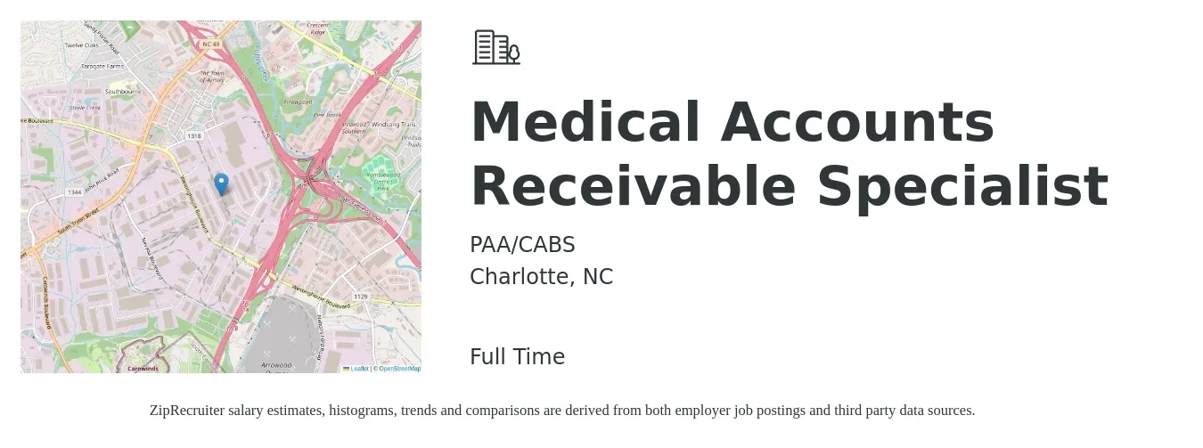 PAA/CABS job posting for a Medical Accounts Receivable Specialist in Charlotte, NC with a salary of $18 to $23 Hourly with a map of Charlotte location.