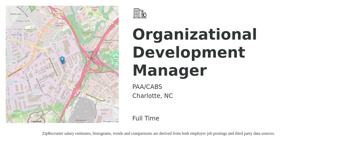 PAA/CABS job posting for a Organizational Development Manager in Charlotte, NC with a salary of $90,300 to $114,900 Yearly with a map of Charlotte location.