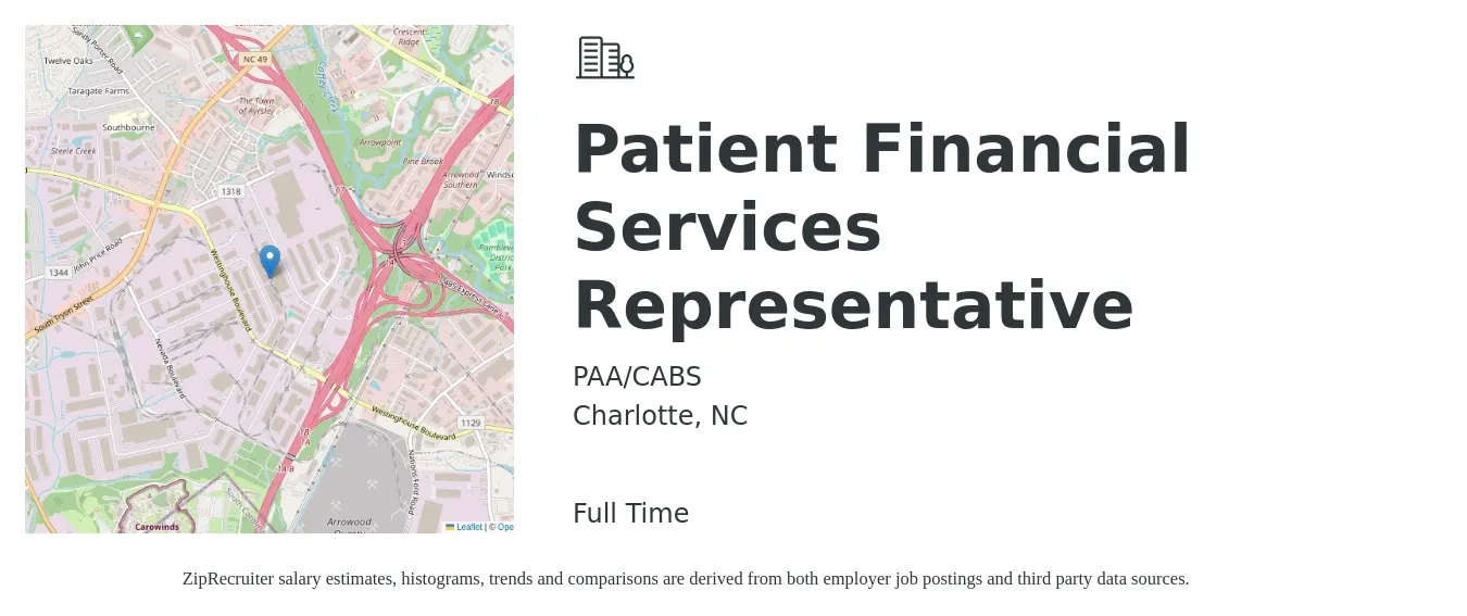 PAA/CABS job posting for a Patient Financial Services Representative in Charlotte, NC with a salary of $17 to $18 Hourly with a map of Charlotte location.