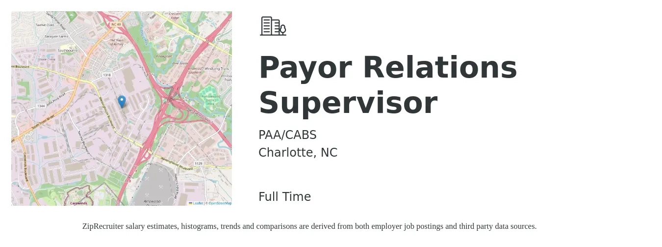 PAA/CABS job posting for a Payor Relations Supervisor in Charlotte, NC with a salary of $49,800 to $104,100 Yearly with a map of Charlotte location.