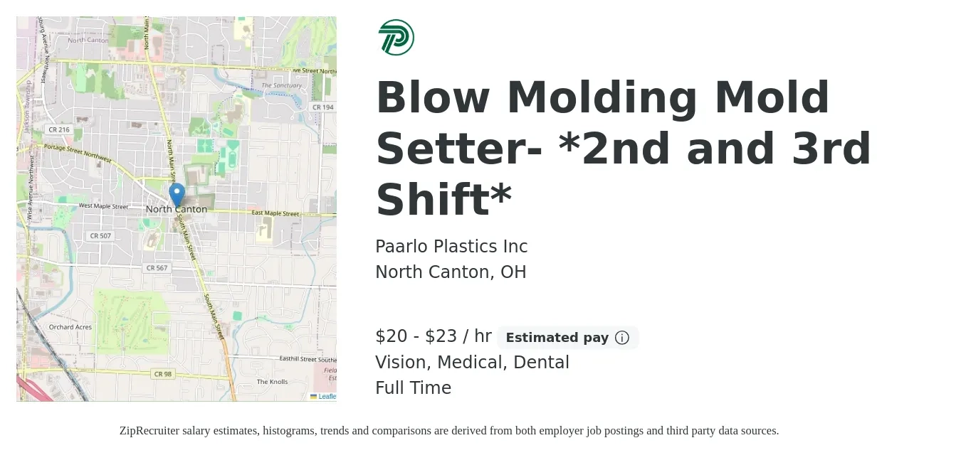 Paarlo Plastics Inc job posting for a Blow Molding Mold Setter- *2nd and 3rd Shift* in North Canton, OH with a salary of $21 to $24 Hourly and benefits including dental, life_insurance, medical, pto, and vision with a map of North Canton location.