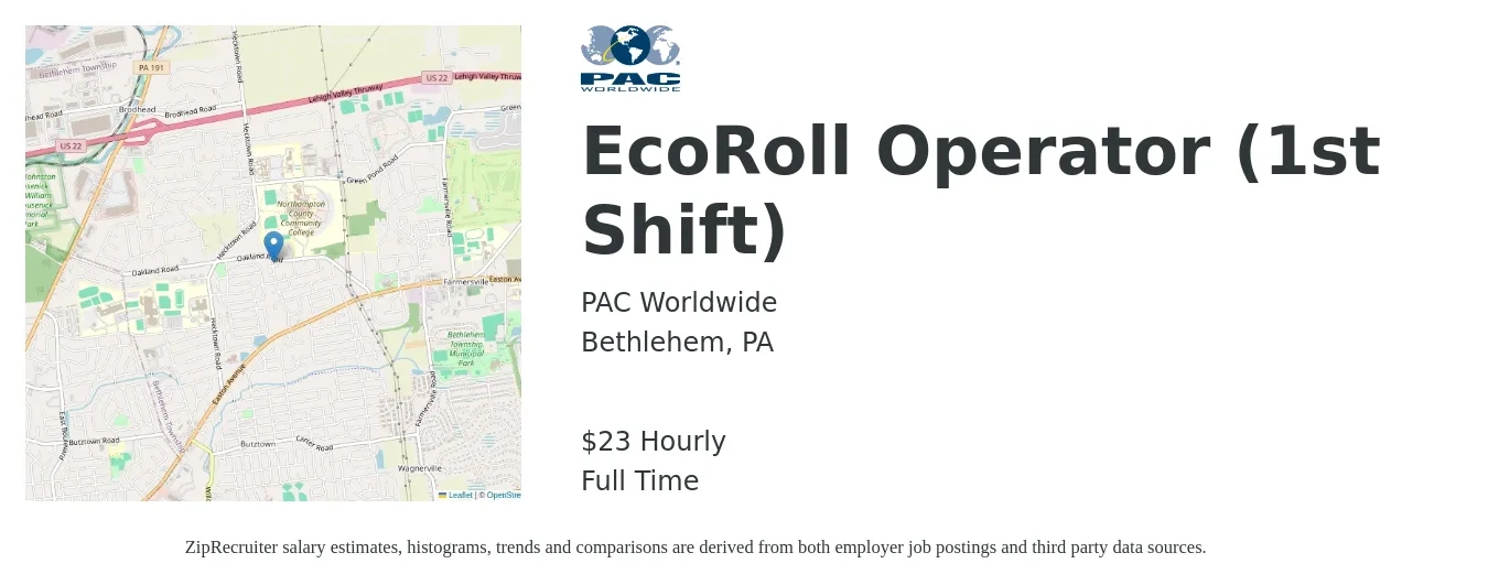 PAC Worldwide job posting for a EcoRoll Operator (1st Shift) in Bethlehem, PA with a salary of $25 Hourly with a map of Bethlehem location.