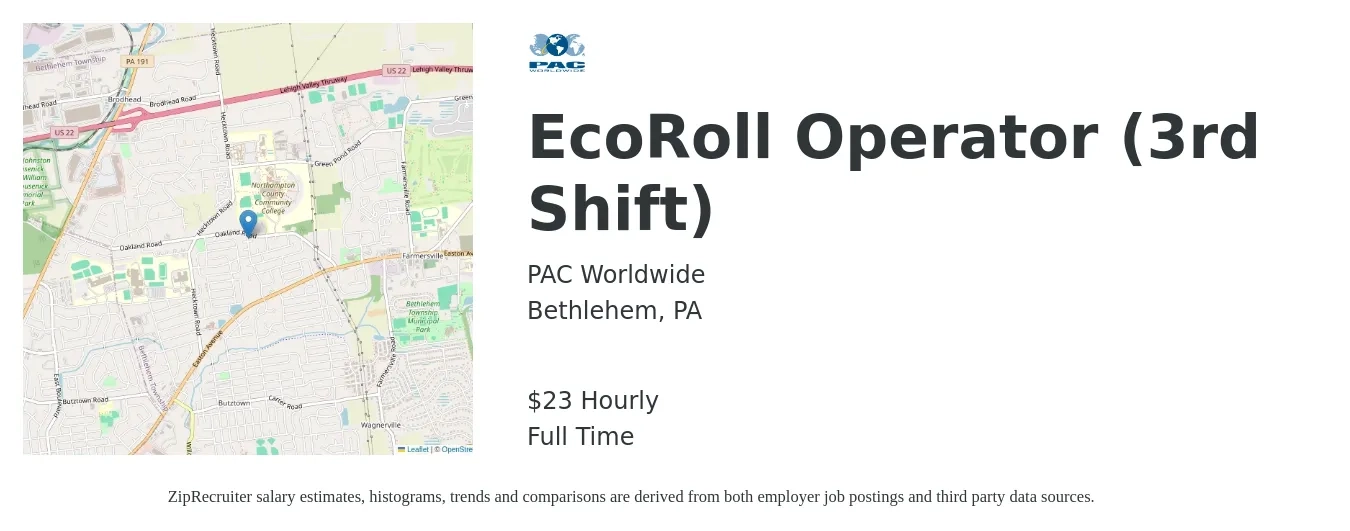 PAC Worldwide job posting for a EcoRoll Operator (3rd Shift) in Bethlehem, PA with a salary of $25 Hourly with a map of Bethlehem location.