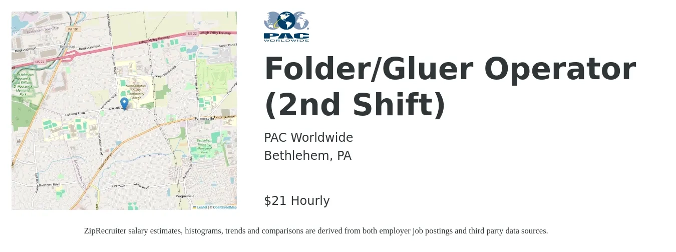 PAC Worldwide job posting for a Folder/Gluer Operator (2nd Shift) in Bethlehem, PA with a salary of $23 Hourly with a map of Bethlehem location.