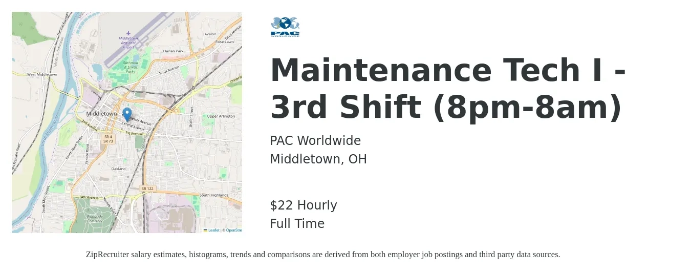 PAC Worldwide job posting for a Maintenance Tech I - 3rd Shift (8pm-8am) in Middletown, OH with a salary of $24 Hourly with a map of Middletown location.