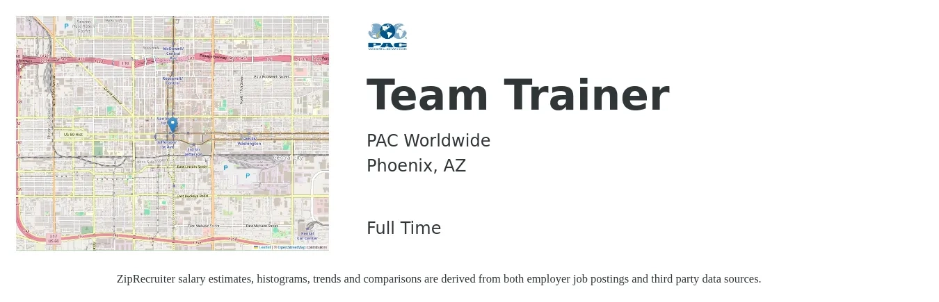 PAC Worldwide job posting for a Team Trainer in Phoenix, AZ with a salary of $59,600 to $110,200 Yearly with a map of Phoenix location.