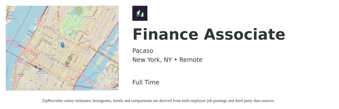 Pacaso job posting for a Finance Associate in New York, NY with a salary of $54,700 to $84,200 Yearly with a map of New York location.