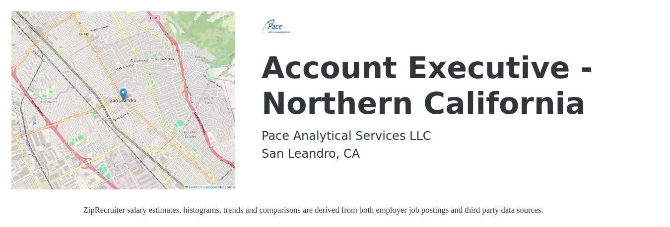 Pace Analytical Services, LLC job posting for a Account Executive - Northern California in San Leandro, CA with a salary of $59,800 to $105,100 Yearly with a map of San Leandro location.
