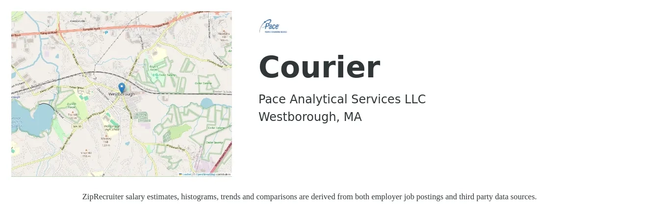 Pace Analytical Services, LLC job posting for a Courier in Westborough, MA with a salary of $16 to $20 Hourly with a map of Westborough location.