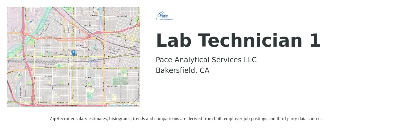 Pace Analytical Services, LLC job posting for a Lab Technician 1 in Bakersfield, CA with a salary of $19 to $25 Hourly with a map of Bakersfield location.