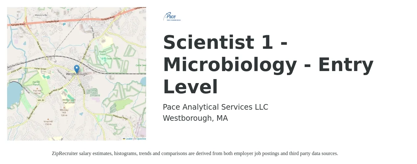 Pace Analytical Services LLC job posting for a Scientist 1 - Microbiology - Entry Level in Westborough, MA with a salary of $53,100 to $85,500 Yearly with a map of Westborough location.