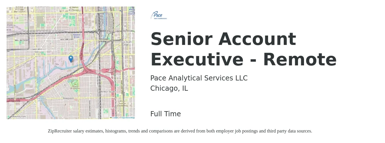 Pace Analytical Services LLC job posting for a Senior Account Executive - Remote in Chicago, IL with a salary of $79,400 to $121,700 Yearly with a map of Chicago location.