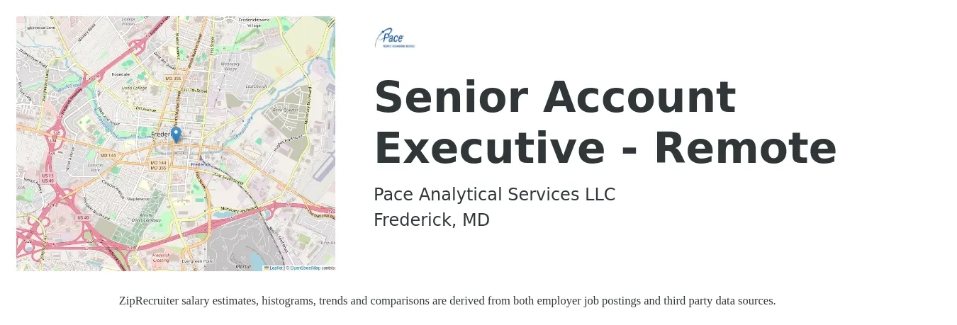 Pace Analytical Services LLC job posting for a Senior Account Executive - Remote in Frederick, MD with a salary of $76,600 to $117,300 Yearly with a map of Frederick location.