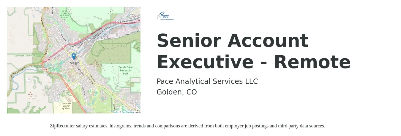 Pace Analytical Services, LLC job posting for a Senior Account Executive - Remote in Golden, CO with a salary of $79,500 to $121,800 Yearly with a map of Golden location.