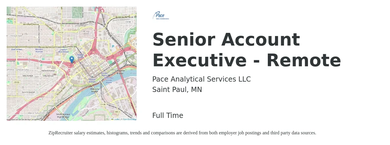 Pace Analytical Services LLC job posting for a Senior Account Executive - Remote in Saint Paul, MN with a salary of $77,900 to $119,300 Yearly with a map of Saint Paul location.