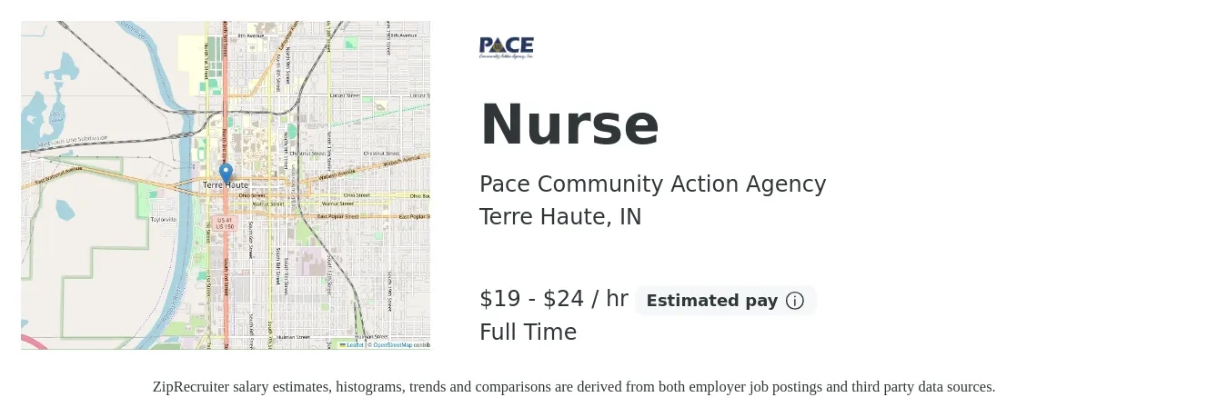 Pace Community Action Agency job posting for a Nurse in Terre Haute, IN with a salary of $20 to $25 Hourly with a map of Terre Haute location.