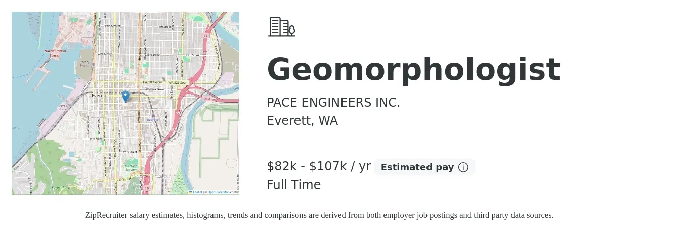 PACE ENGINEERS INC. job posting for a Geomorphologist in Everett, WA with a salary of $82,000 to $107,000 Yearly with a map of Everett location.
