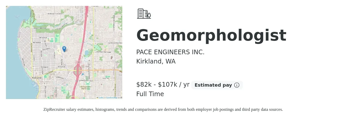 PACE ENGINEERS INC. job posting for a Geomorphologist in Kirkland, WA with a salary of $82,000 to $107,000 Yearly with a map of Kirkland location.