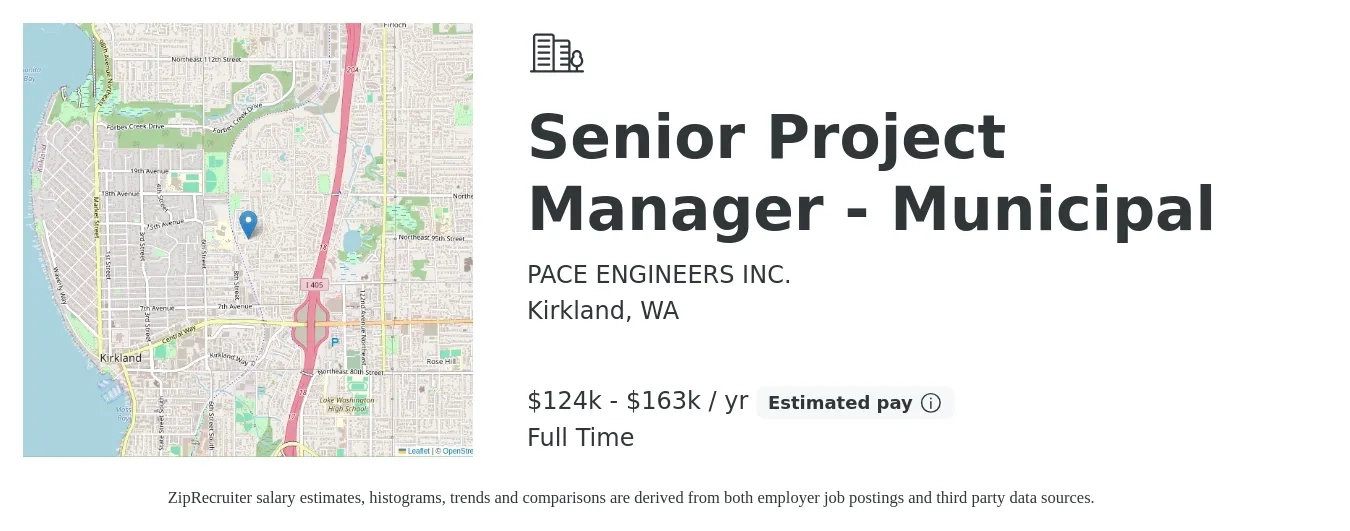PACE ENGINEERS INC. job posting for a Senior Project Manager - Municipal in Kirkland, WA with a salary of $124,000 to $163,000 Yearly with a map of Kirkland location.
