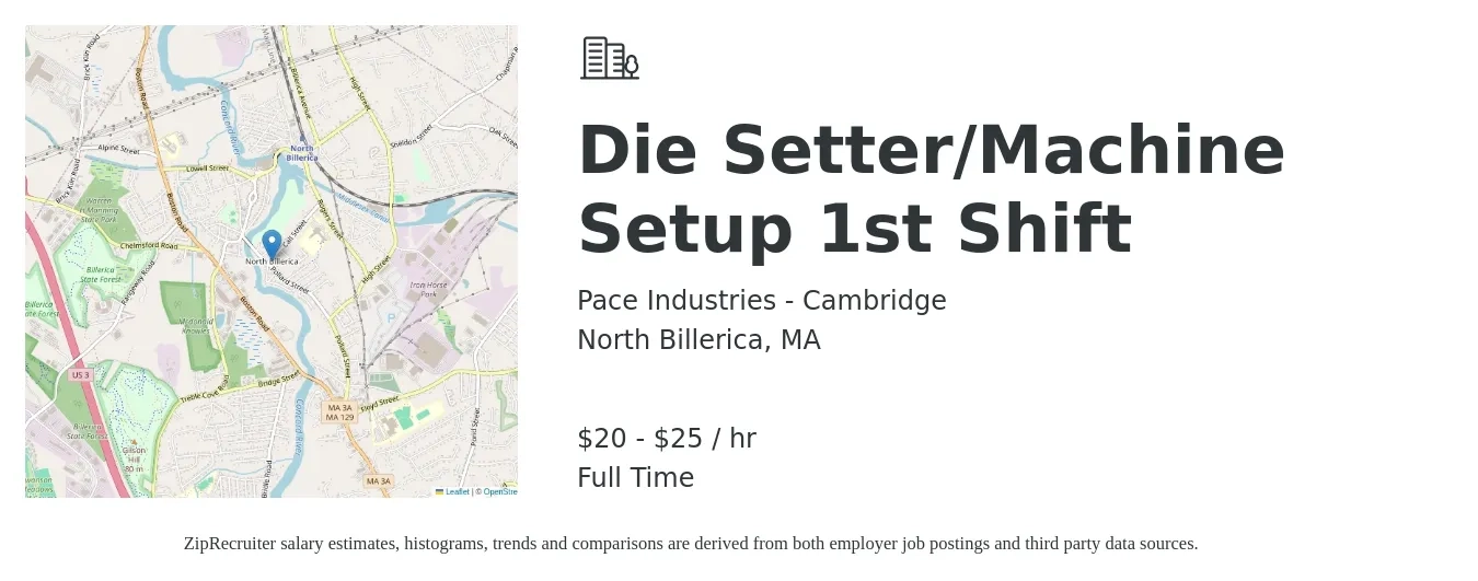 Pace Industries - Cambridge job posting for a Die Setter/Machine Setup 1st Shift in North Billerica, MA with a salary of $21 to $26 Hourly with a map of North Billerica location.
