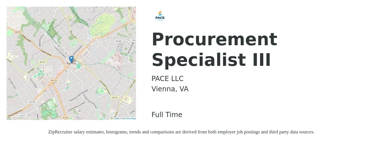PACE LLC job posting for a Procurement Specialist III in Vienna, VA with a salary of $40 to $135,000 Yearly with a map of Vienna location.