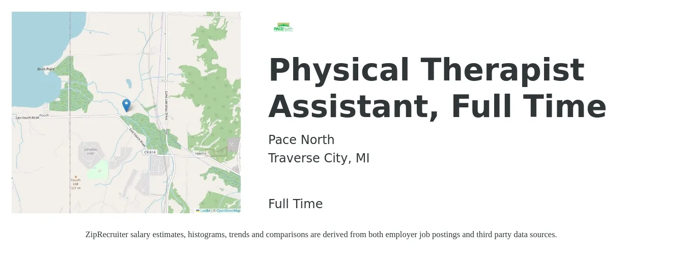 Pace North job posting for a Physical Therapist Assistant, Full Time in Traverse City, MI with a salary of $28 to $37 Hourly with a map of Traverse City location.
