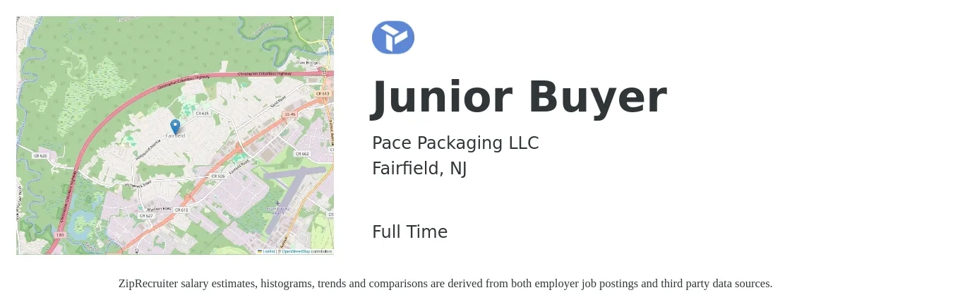 Pace Packaging LLC job posting for a Junior Buyer in Fairfield, NJ with a salary of $23 to $29 Hourly with a map of Fairfield location.