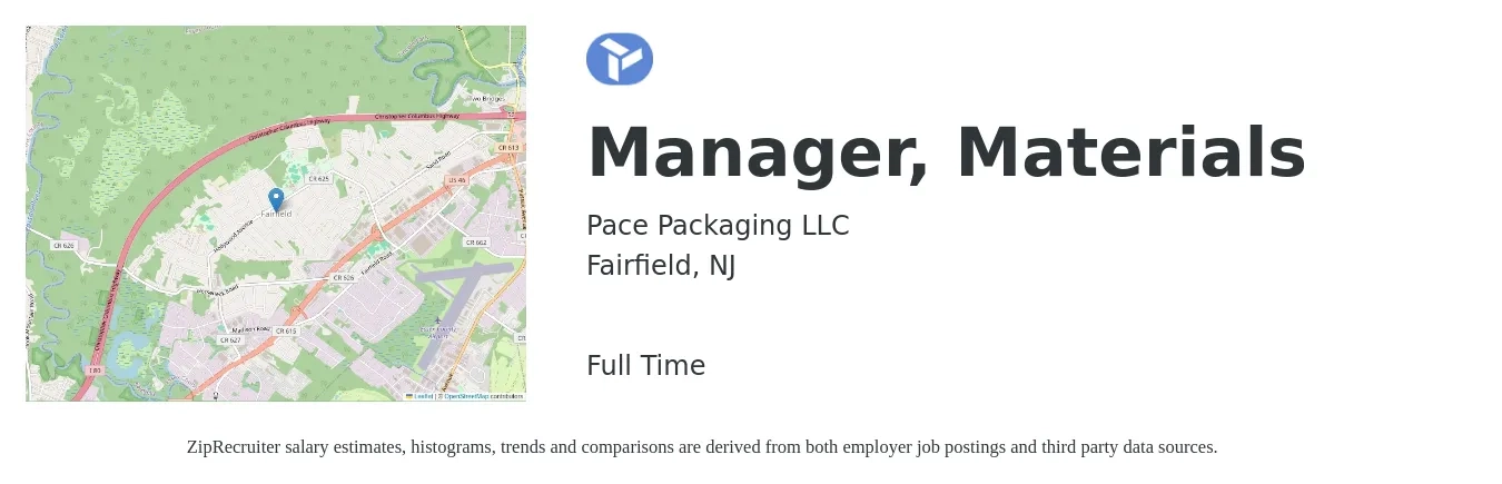 Pace Packaging LLC job posting for a Manager, Materials in Fairfield, NJ with a salary of $64,200 to $105,000 Yearly with a map of Fairfield location.