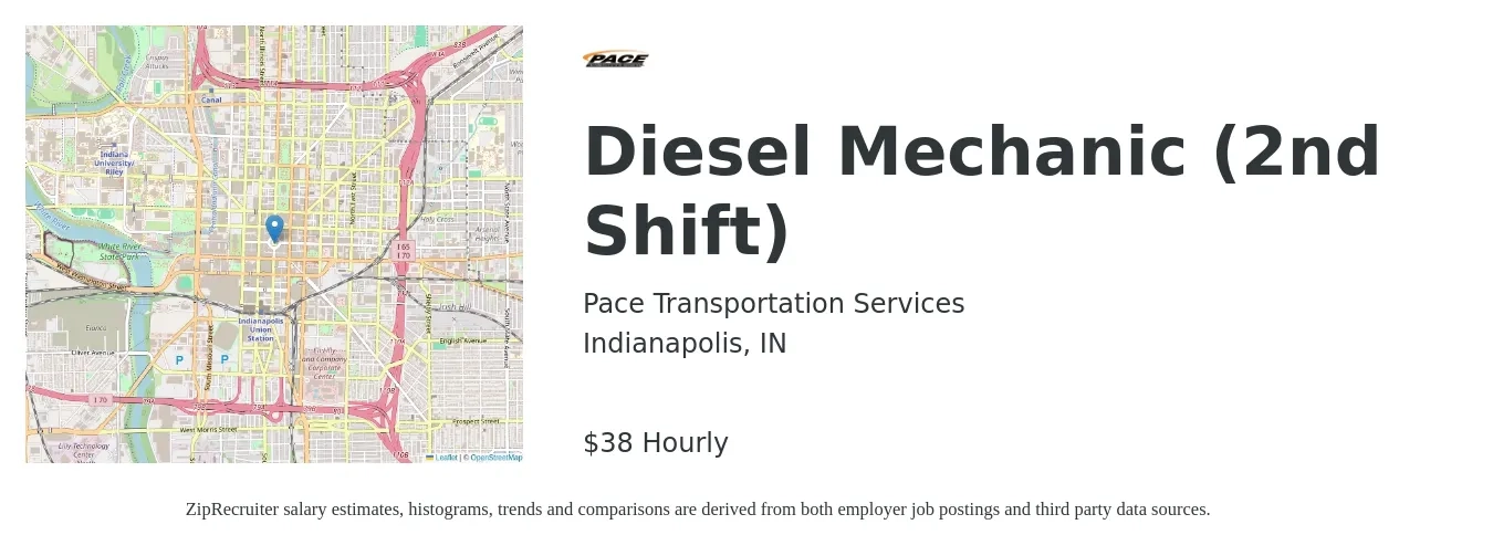 Pace Transportation Services job posting for a Diesel Mechanic (2nd Shift) in Indianapolis, IN with a salary of $40 Hourly with a map of Indianapolis location.