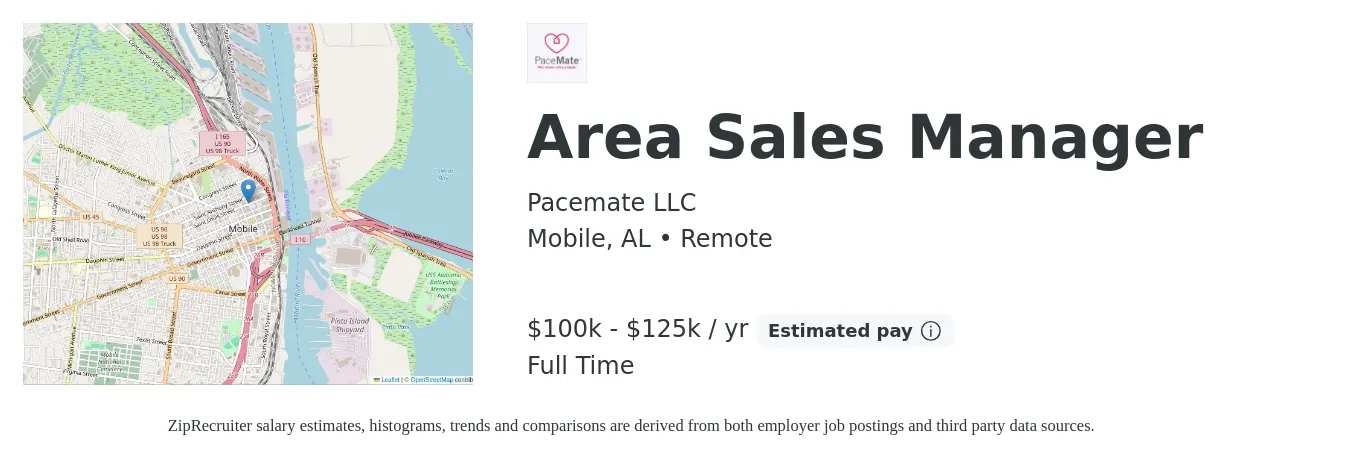Pacemate LLC job posting for a Area Sales Manager in Mobile, AL with a salary of $100,000 to $125,000 Yearly with a map of Mobile location.
