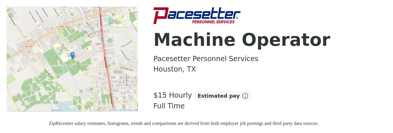 Pacesetter Personnel Services job posting for a Machine Operator in Houston, TX with a salary of $16 Hourly with a map of Houston location.