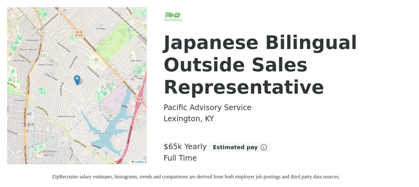 Pacific Advisory Service job posting for a Japanese Bilingual Outside Sales Representative in Lexington, KY with a salary of $65,000 Yearly with a map of Lexington location.