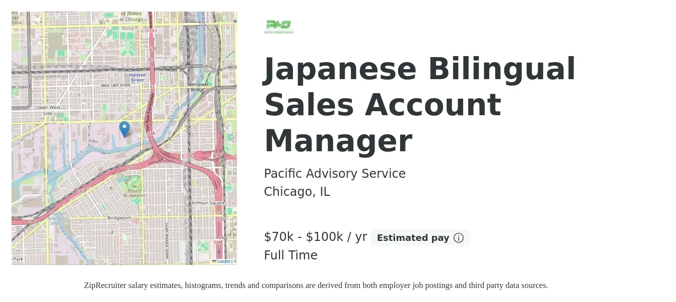 Pacific Advisory Service job posting for a Japanese Bilingual Sales Account Manager in Chicago, IL with a salary of $70,000 to $100,000 Yearly with a map of Chicago location.