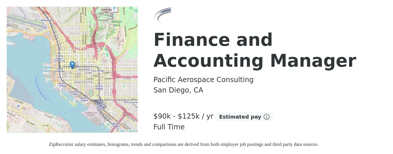 Pacific Aerospace Consulting job posting for a Finance and Accounting Manager in San Diego, CA with a salary of $90,000 to $125,000 Yearly with a map of San Diego location.