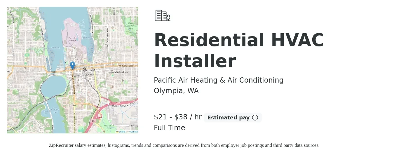 Pacific Air Heating & Air Conditioning job posting for a Residential HVAC Installer in Olympia, WA with a salary of $22 to $40 Hourly with a map of Olympia location.