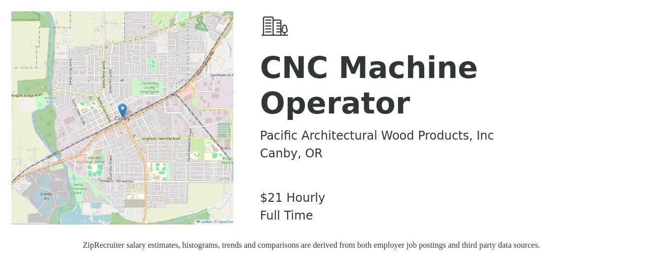 Pacific Architectural Wood Products, Inc job posting for a CNC Machine Operator in Canby, OR with a salary of $22 Hourly with a map of Canby location.