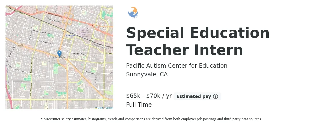 Pacific Autism Center for Education job posting for a Special Education Teacher Intern in Sunnyvale, CA with a salary of $65,500 to $70,000 Yearly with a map of Sunnyvale location.